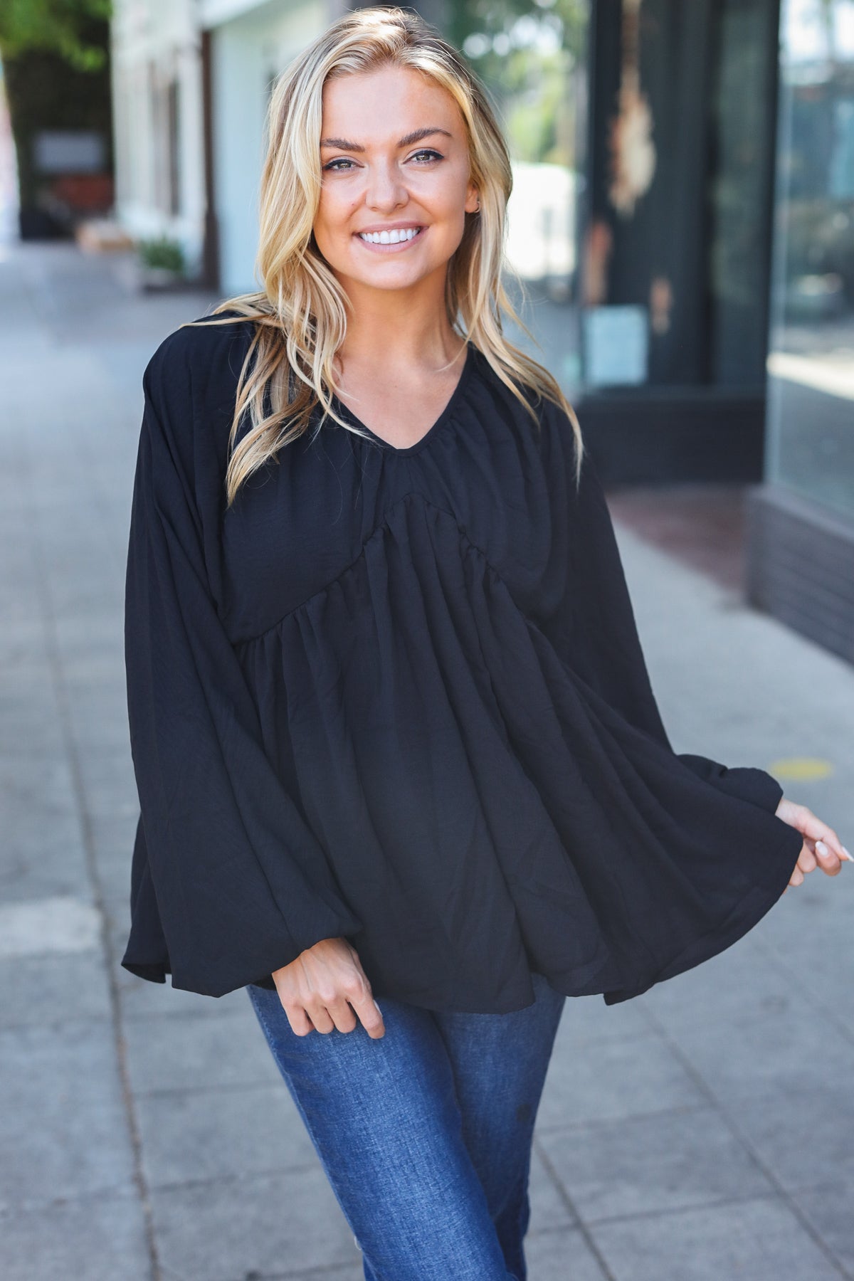 Simple Elegance Black V Neck Babydoll Woven Top