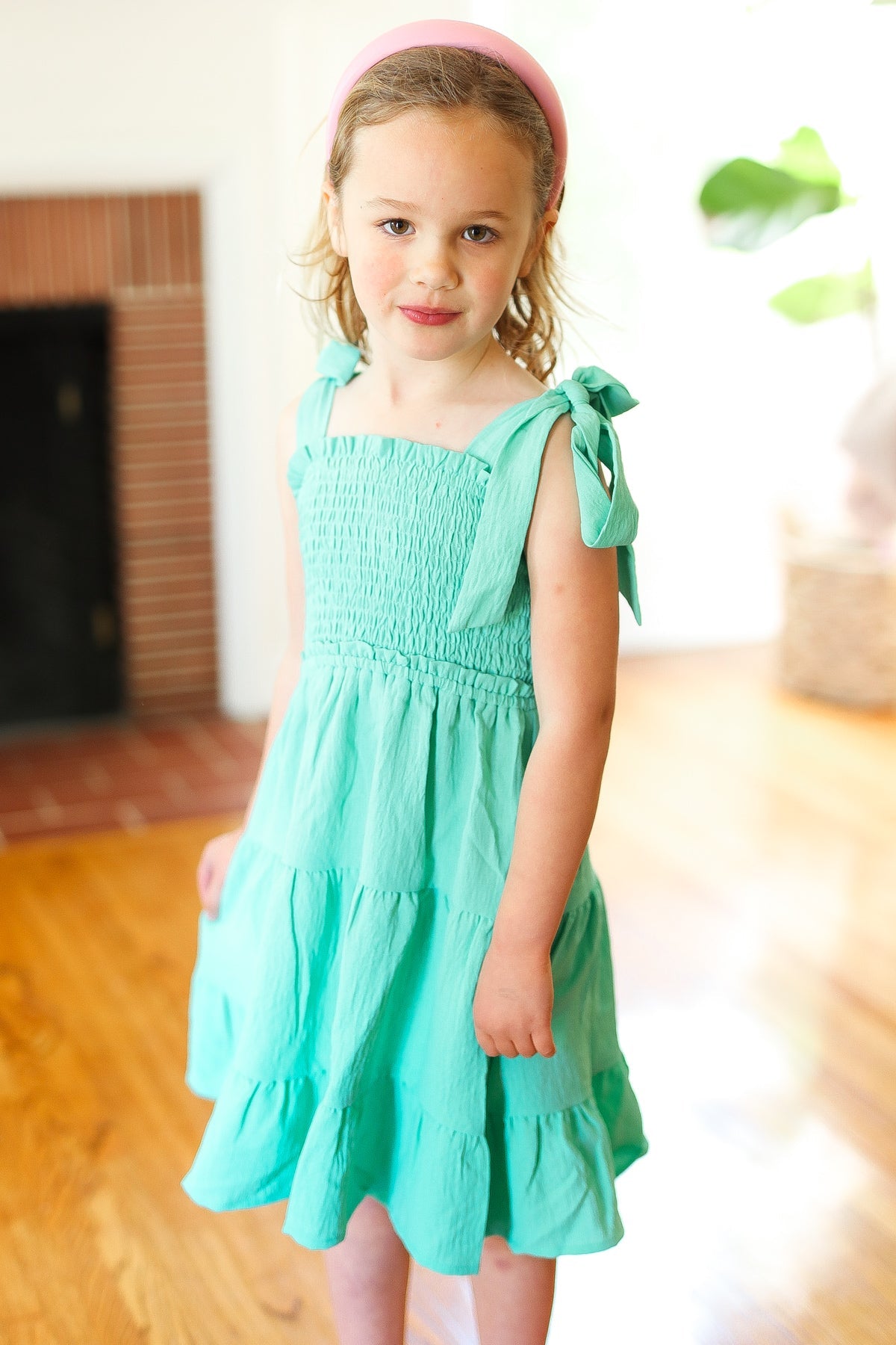 Kids Darling Lime Crepe Tiered Smocked Shoulder Tie Dress