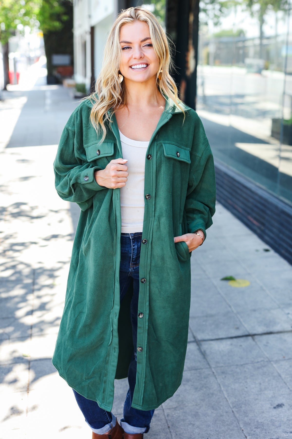 Turn Heads Forest Green Fleece Button Down Duster Jacket