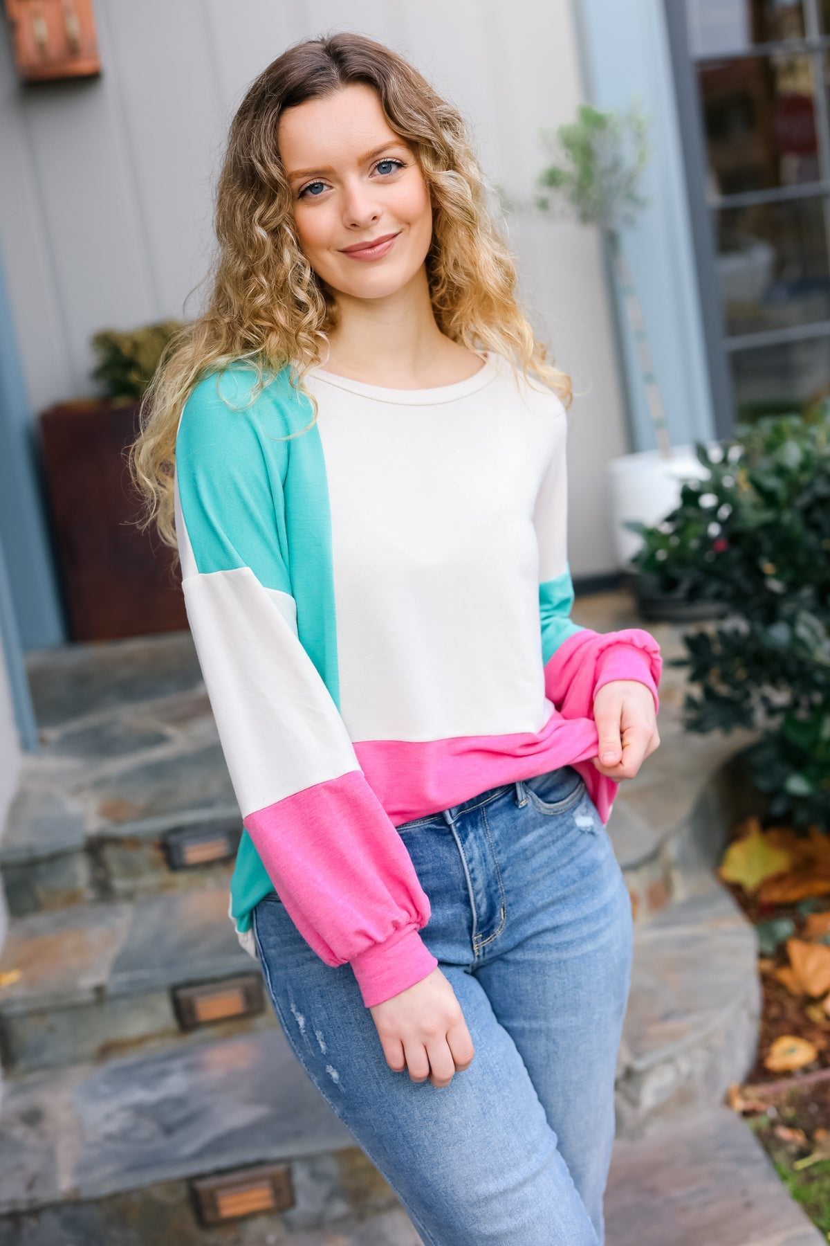 The Slouchy Mint & Pink Drop Shoulder Terry Color Block Top