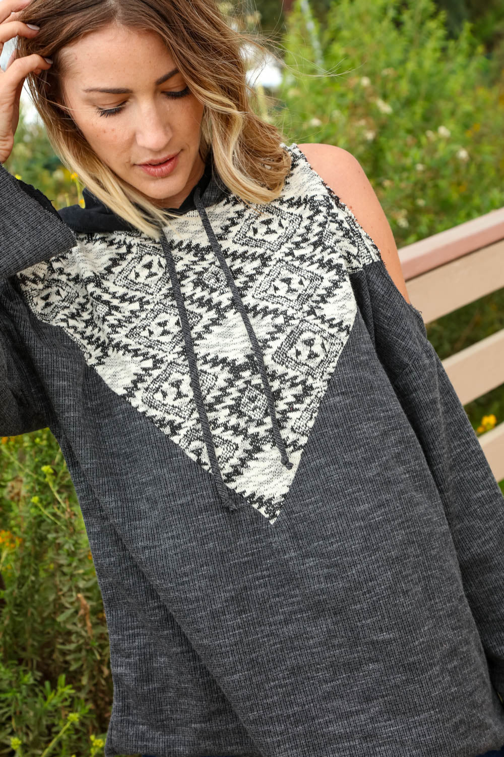 Thermal Triangle Tribal Cold Shoulder Hoodie