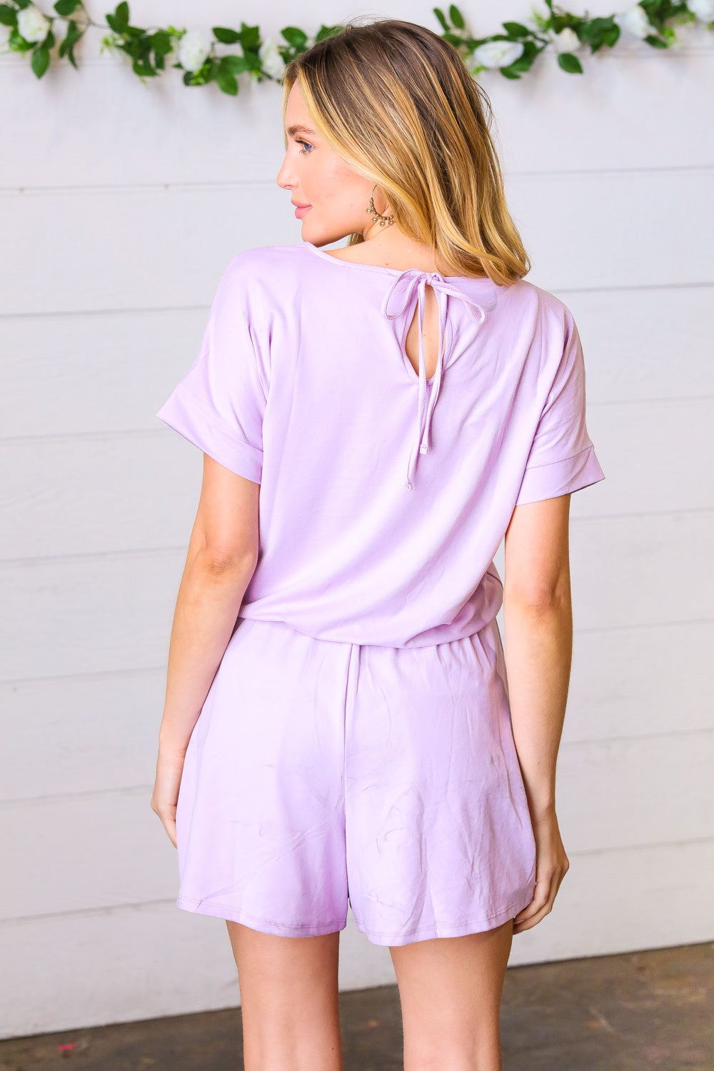 Lavender Brushed Knit Elastic Waist Pocketed Romper