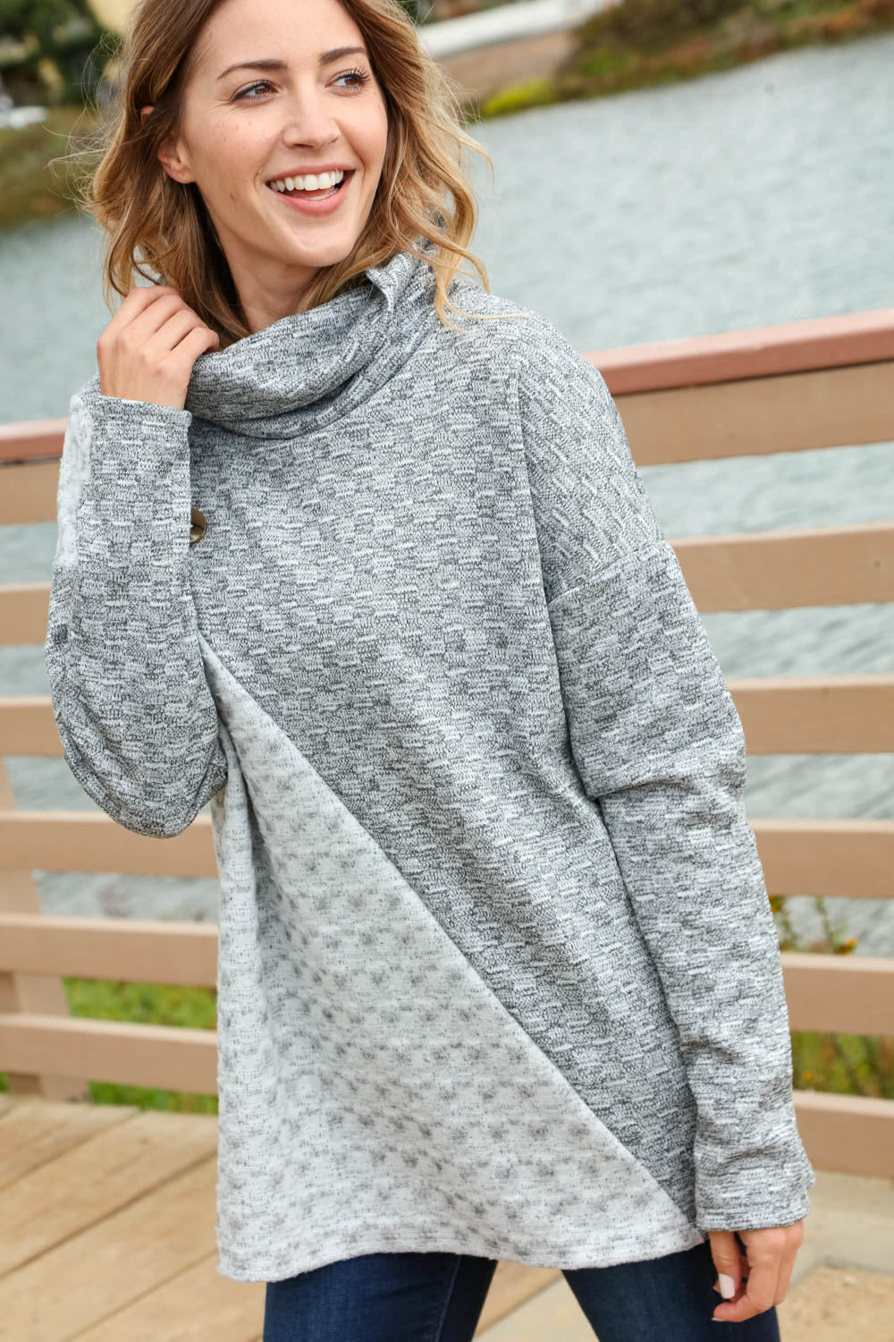 Jacquard Asymmetrical Cowl Neck Button Sweater