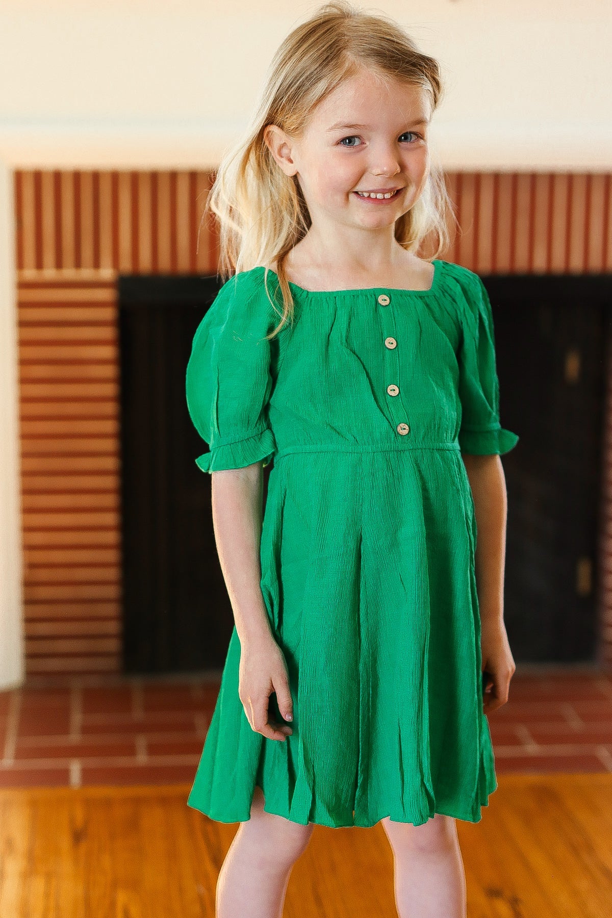 Kids Adorable Green Button Square Neck Ruche Back Dress