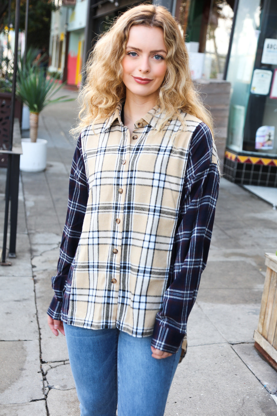 Navy & Beige Cotton Plaid Hi-Lo Shirt Top