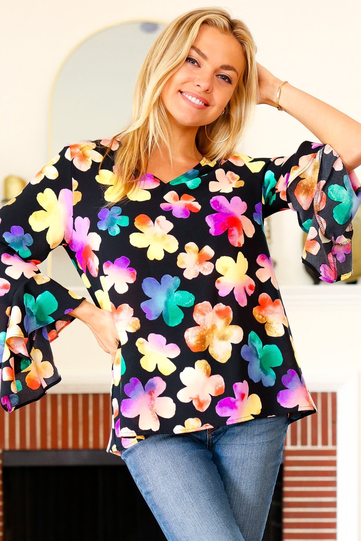 Be Bold Black Floral Hi-Lo Ruffle Sleeve Woven Top