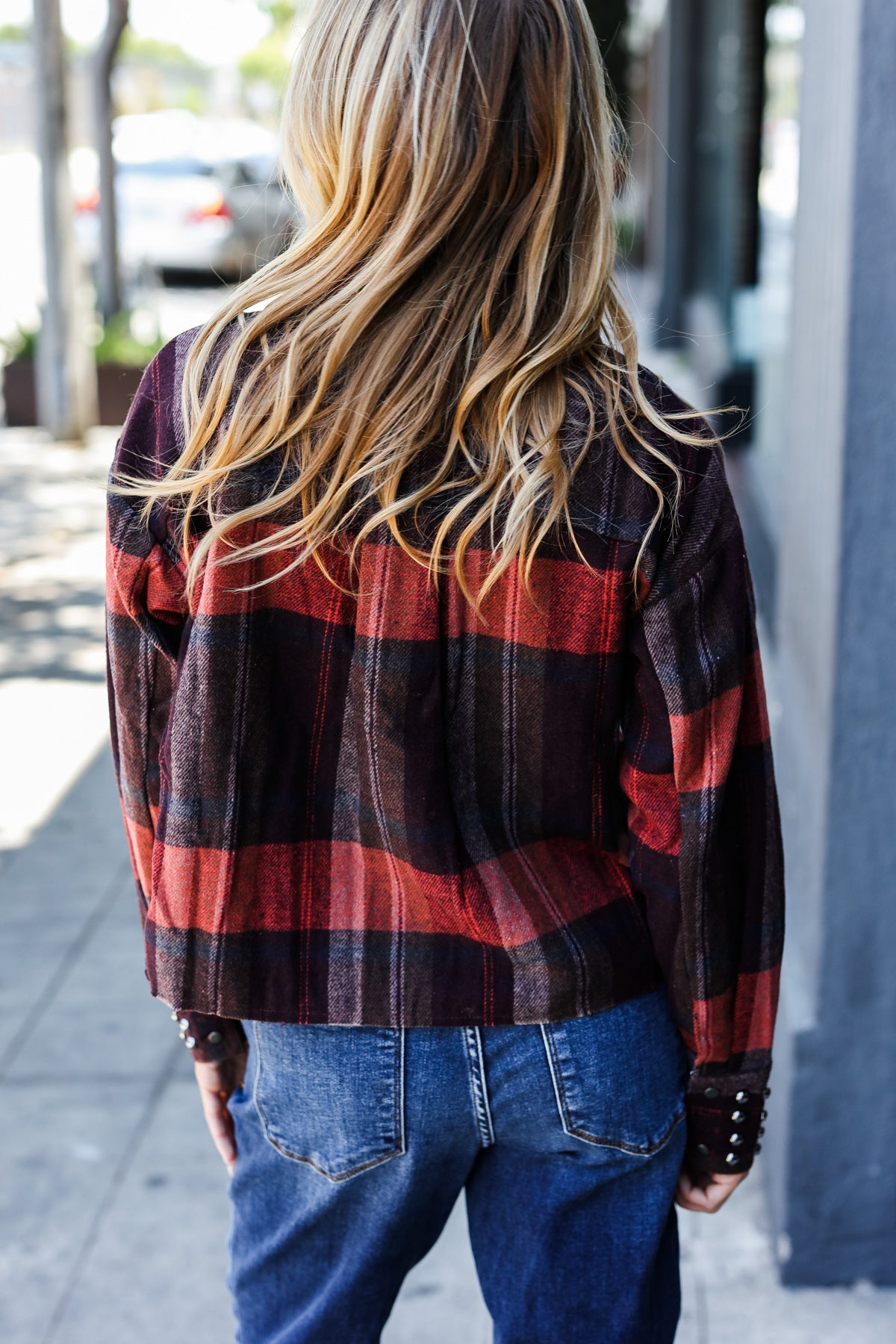 City Streets Burgundy & Rust Plaid Studded Cropped Jacket