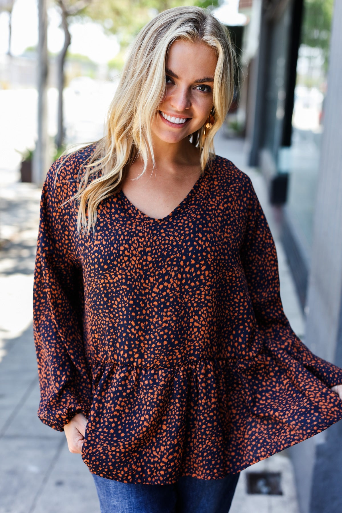 Navy & Rust Leopard Woven Babydoll Top