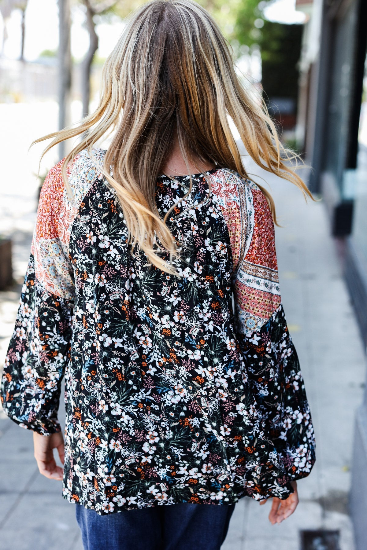 Boho Floral Ethnic Print Front Tie Woven Blouse