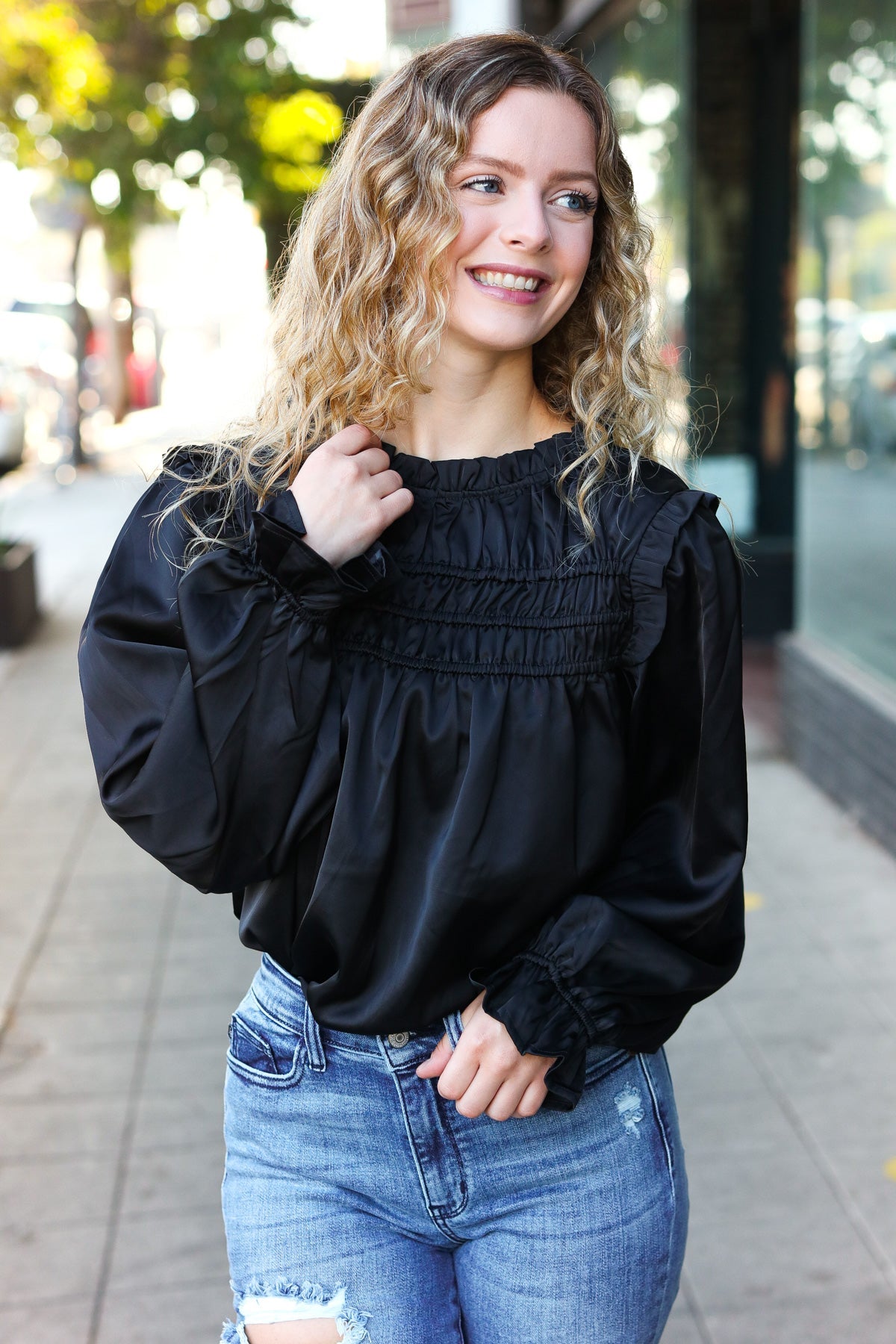 Be Your Best Black Satin Shirred Yoke Frilled Mock Neck Top