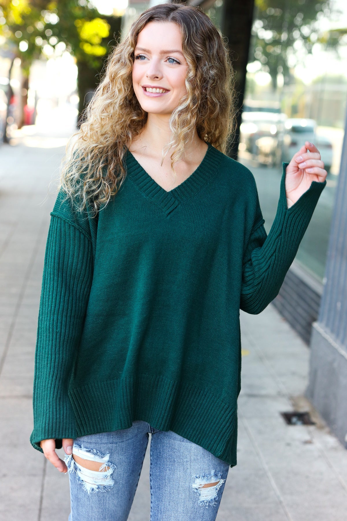 Casual Chic Hunter Green Oversized V Neck Rib Knit Sweater