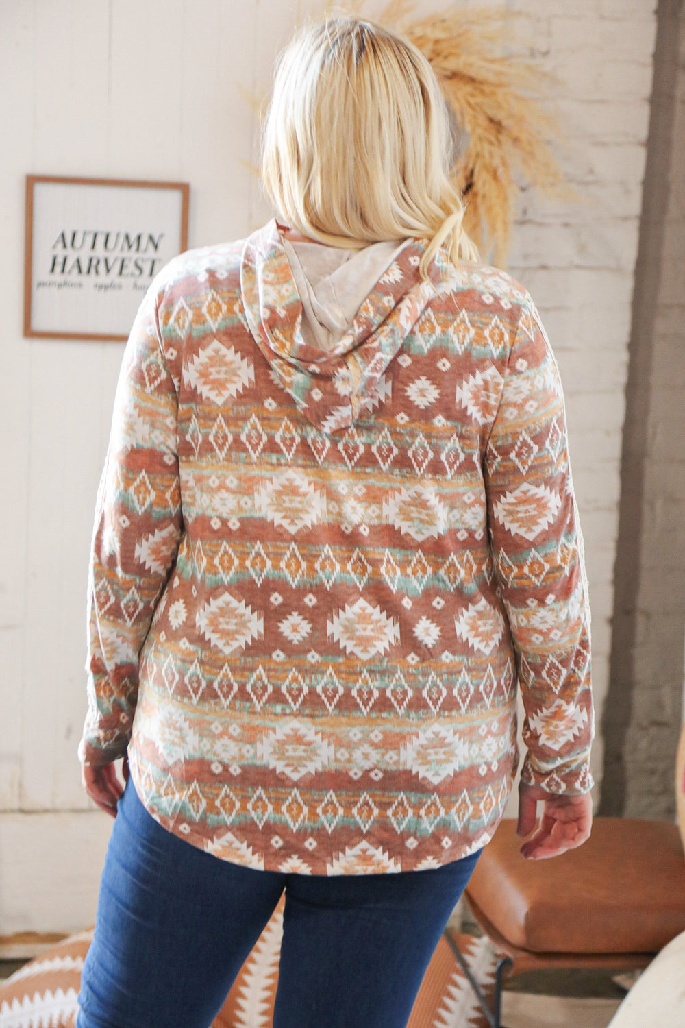 Taupe Aztec Print Lace Embellished Terry Hoodie