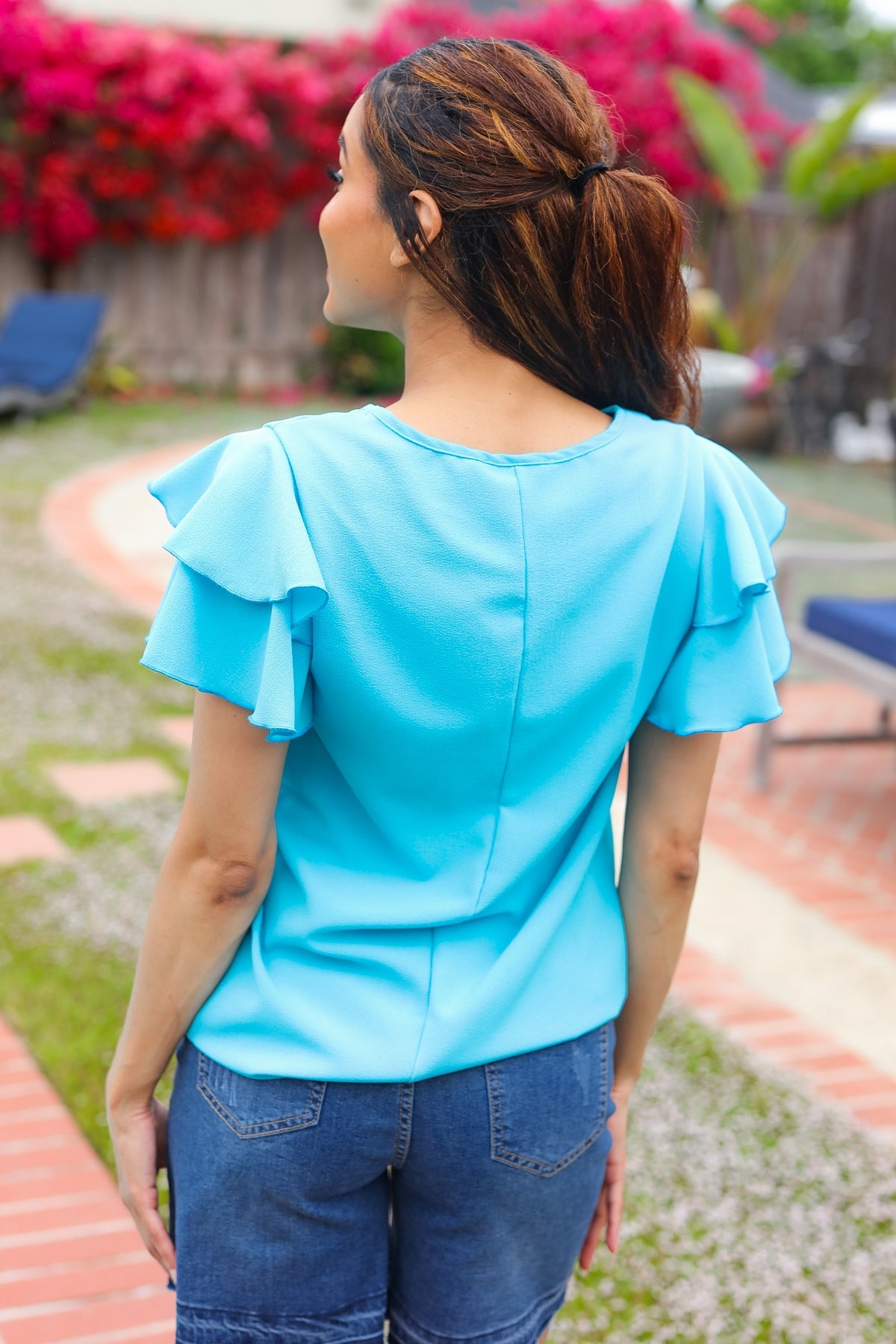 Lovely In Blue Tiered Double Ruffle Sleeve Woven Top