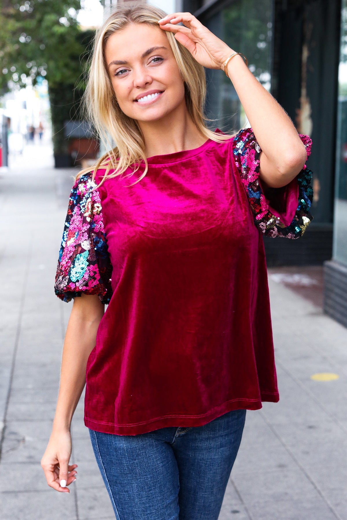 Diva Dreams Wine Floral Sequin Puff Sleeve Velvet Top