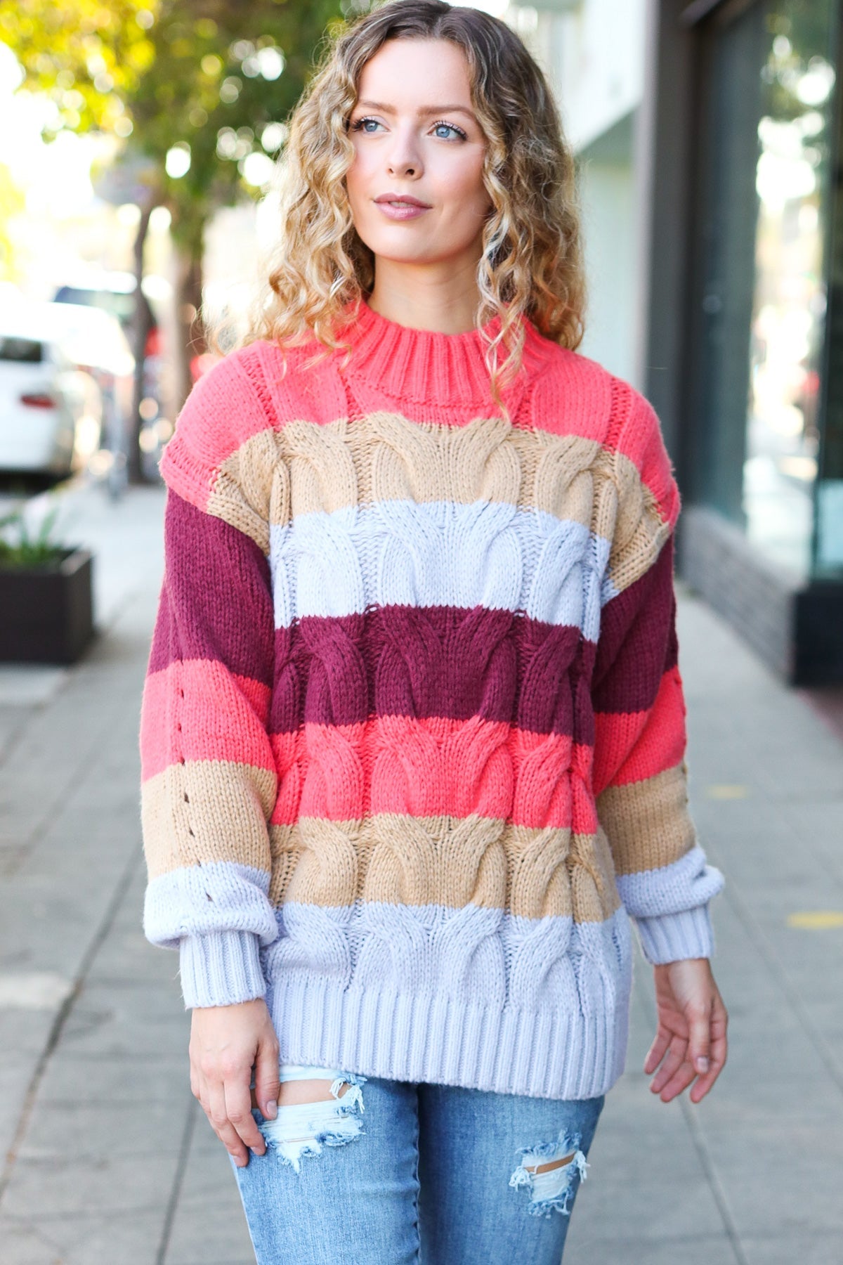 Fall For You Rust Multicolor Stripe Cable Knit Mock Neck Sweater