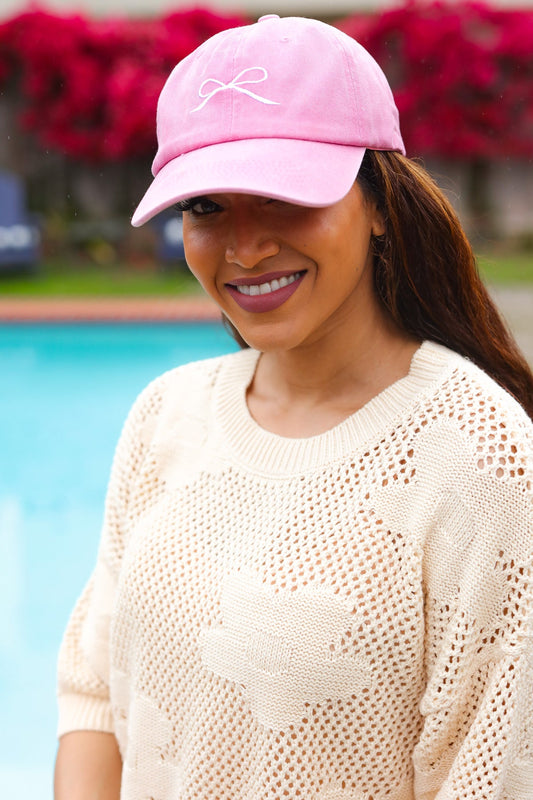 Pink Embroidered Bow Baseball Cap