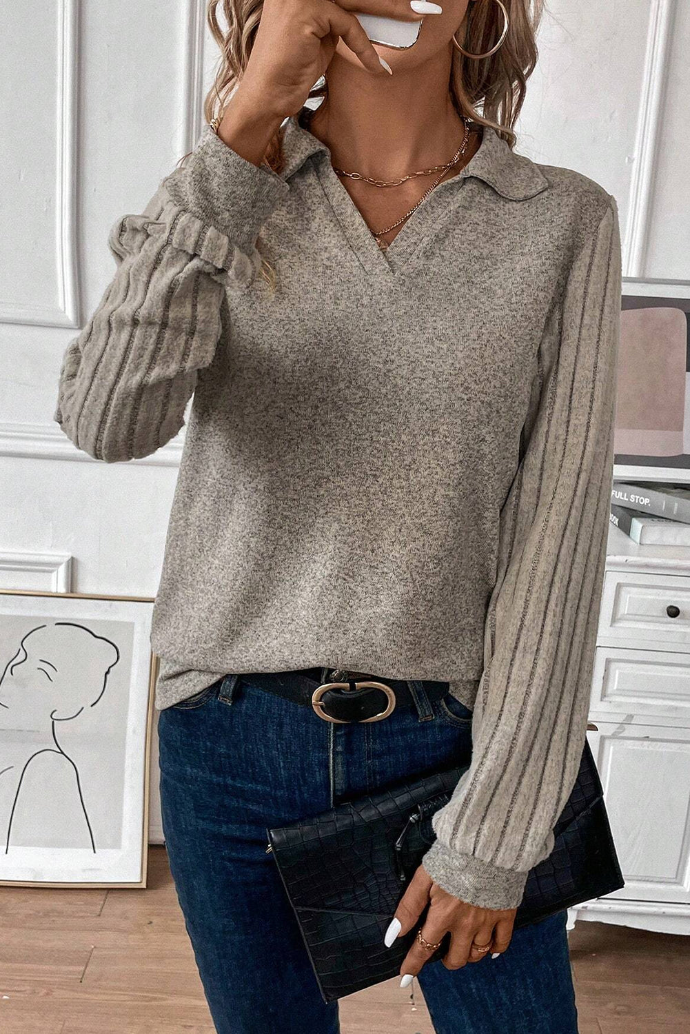 Smoke Gray Solid Color Ribbed Sleeve Collared V Neck Top