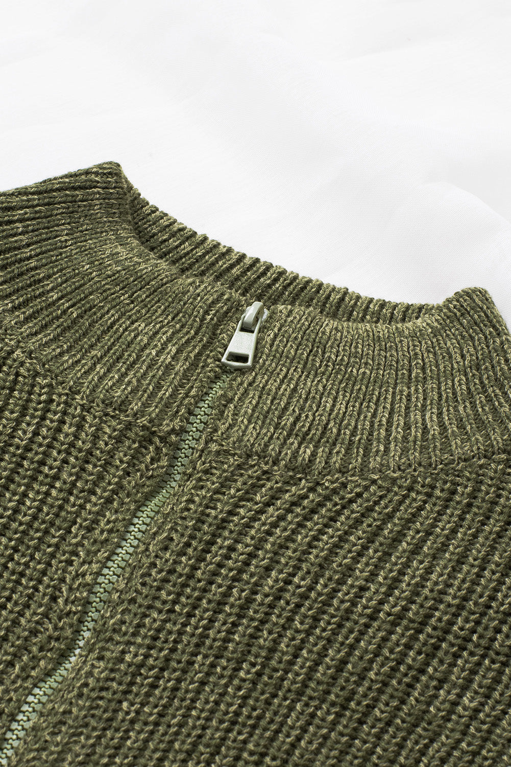 Green Zipped Turtleneck Drop Shoulder Knit Sweater