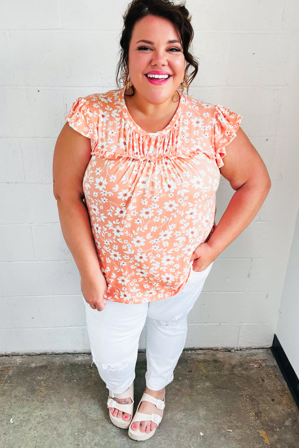 Peach Floral Print Frilled Short Sleeve Yoke Top