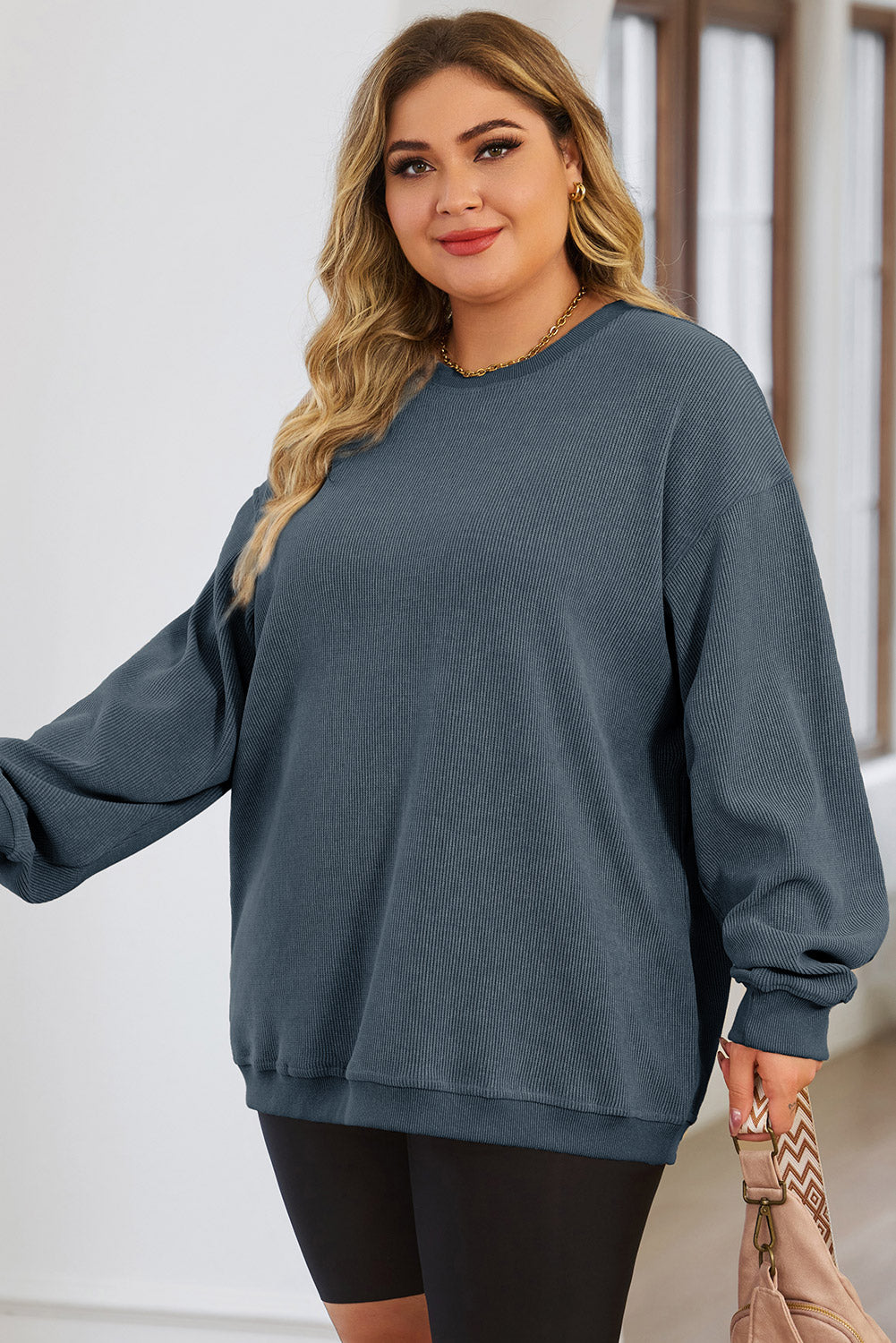 Blue Plus Size Corded Round Neck Sweatshirt