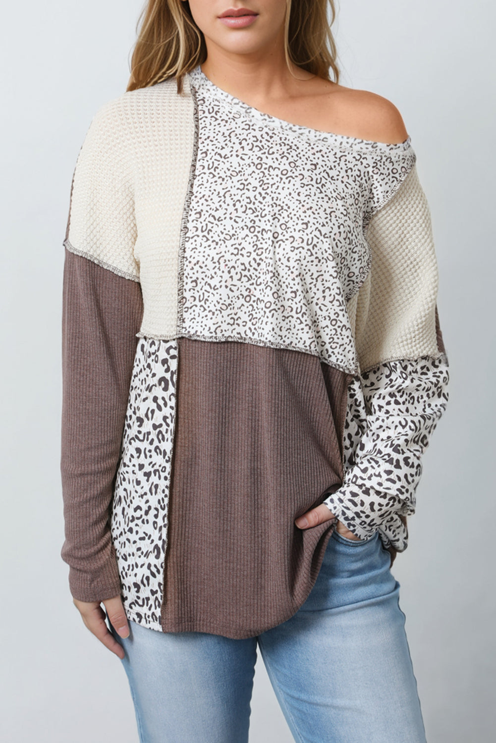 Leopard Colorblock Textured Knit Patchwork Top