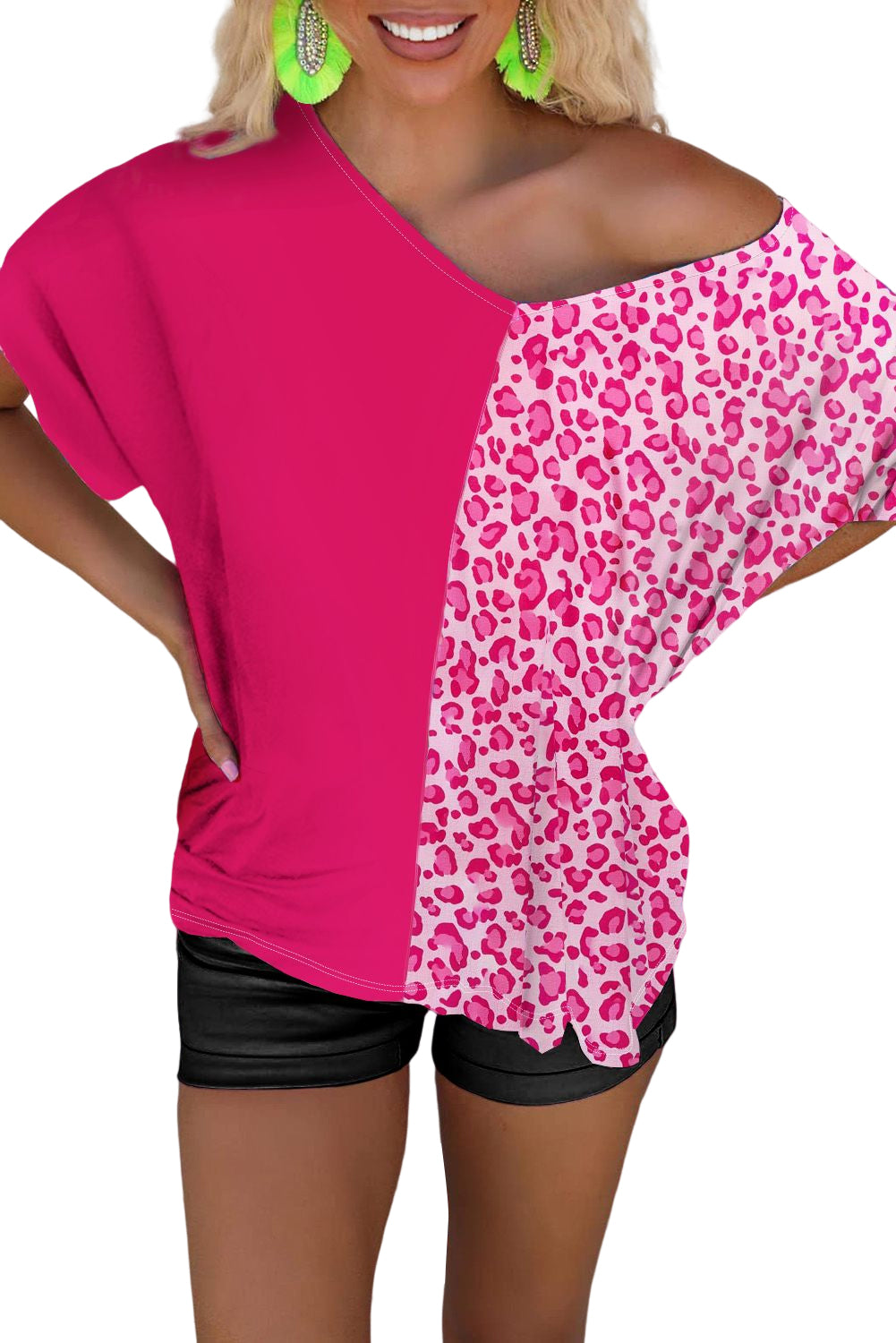 Rose Half Leopard Patchwork Short Sleeve V Neck Blouse