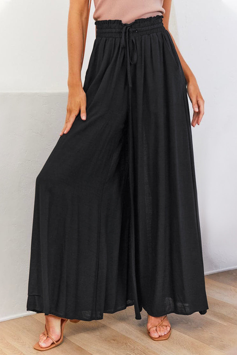 Black Drawstring Smocked High Waist Wide Leg Pants