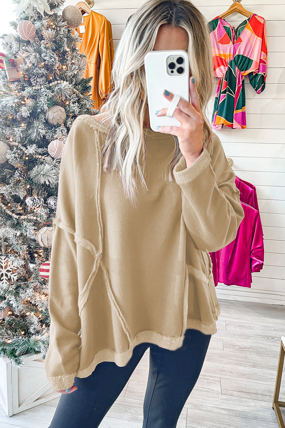 Khaki Exposed Seam Drop Shoulder Raw Hem Oversized Sweatshirt