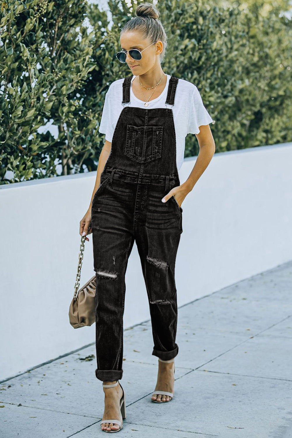 Black Distressed Bib Denim Overalls