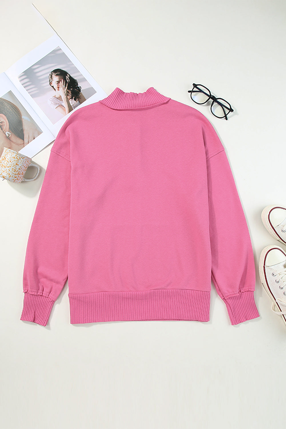 Bright Pink Ribbed Hem Snap Button Neckline Sweatshirt with Pocket