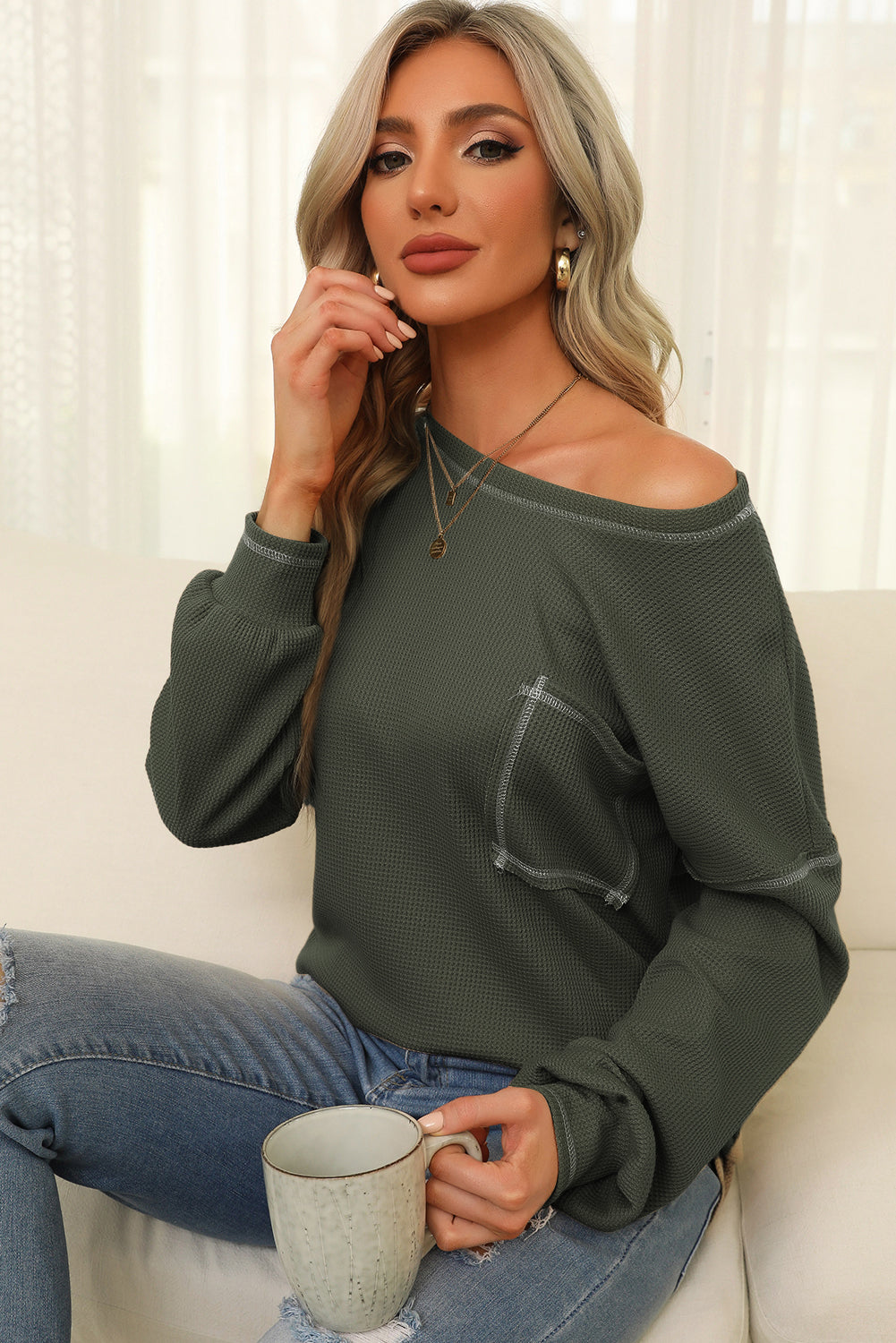 Mist Green Contrast Exposed Stitching Waffle Knit Top