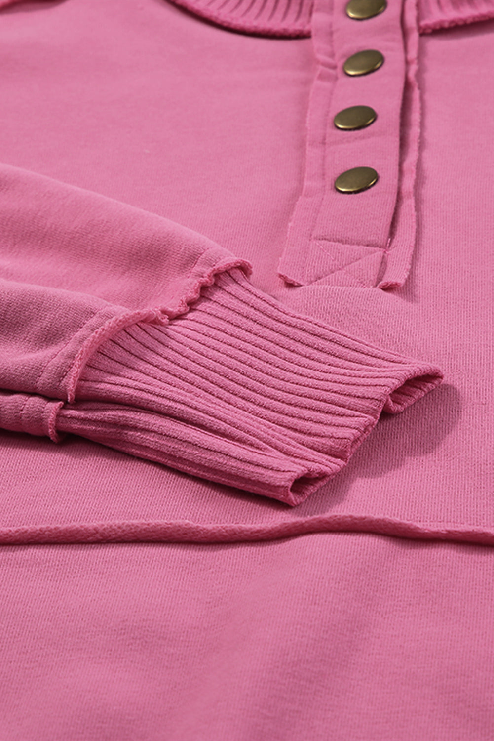 Bright Pink Ribbed Hem Snap Button Neckline Sweatshirt with Pocket