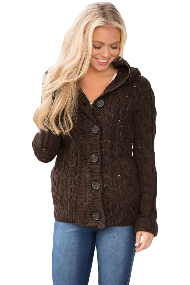 Brown Long Sleeve Button-up Hooded Cardigans