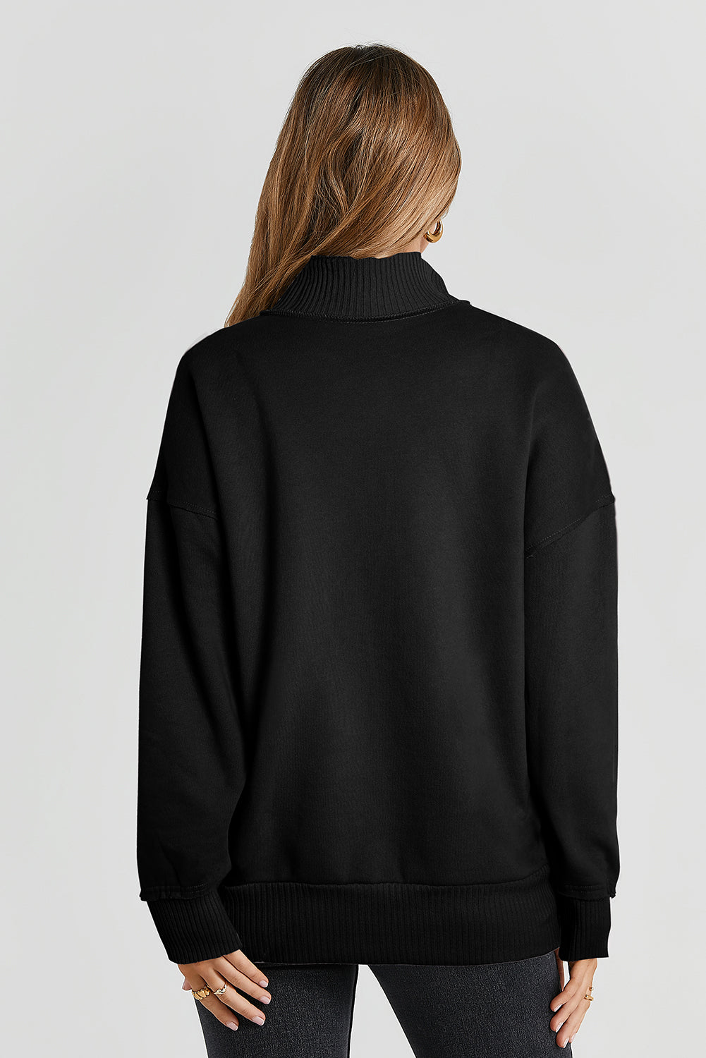 Black Ribbed Hem Snap Button Neckline Sweatshirt with Pocket