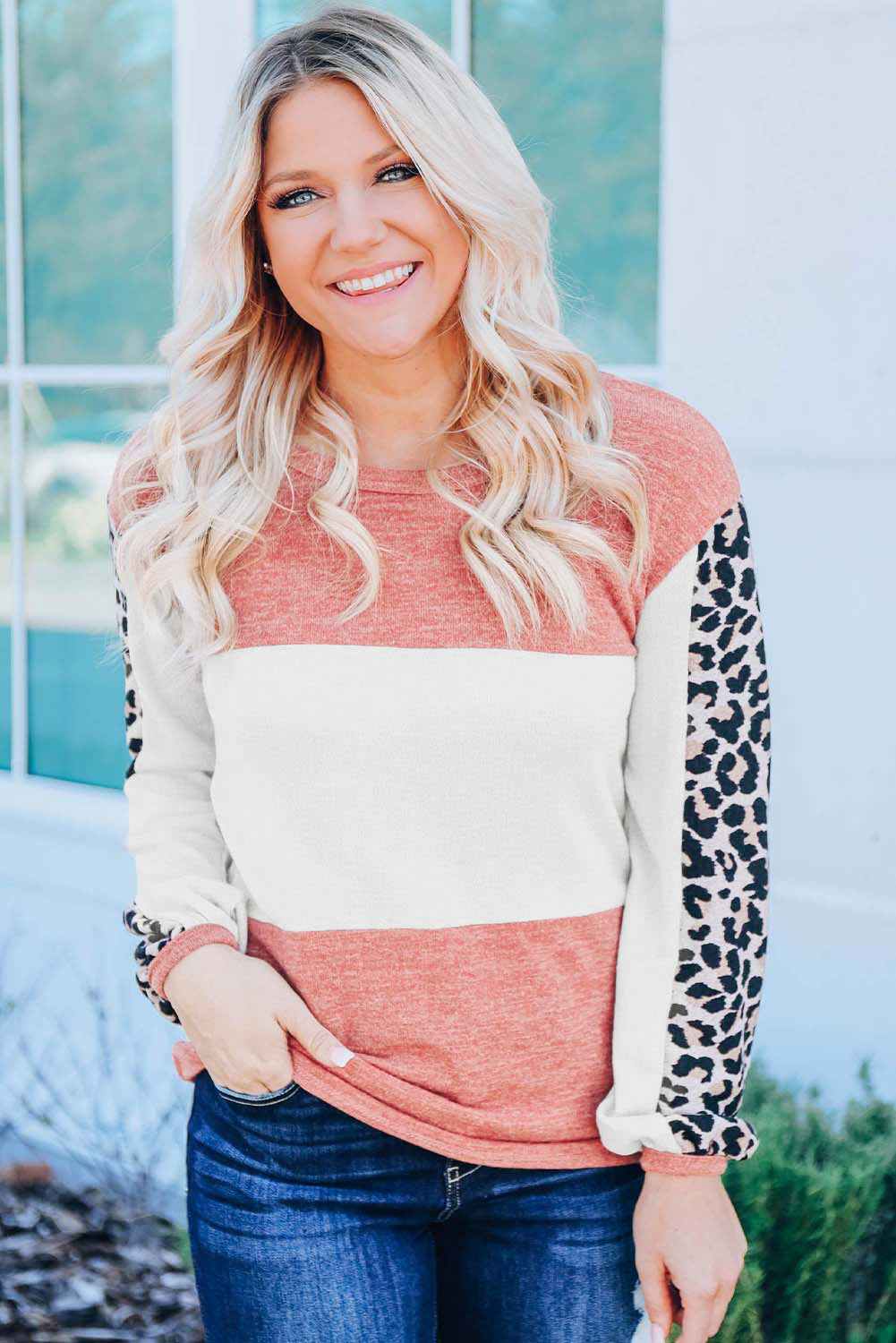 Red Leopard Color Block Knitted Long Sleeve Top