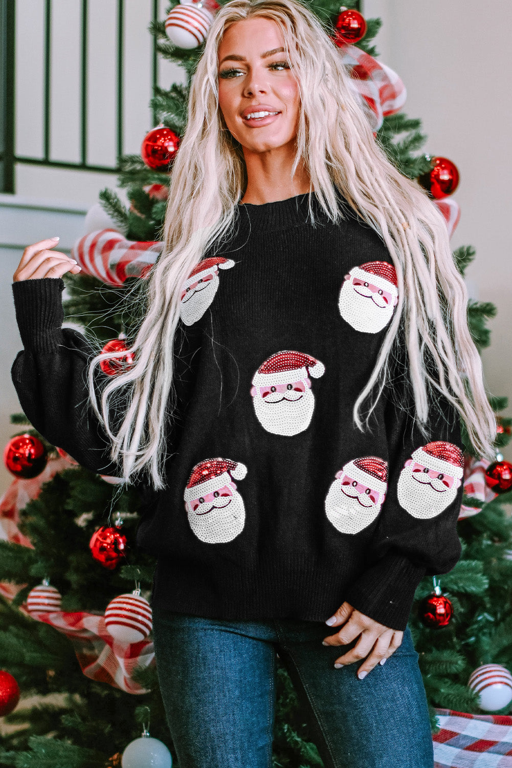 Black Sequined Santa Clause Bishop Sleeve Sweater