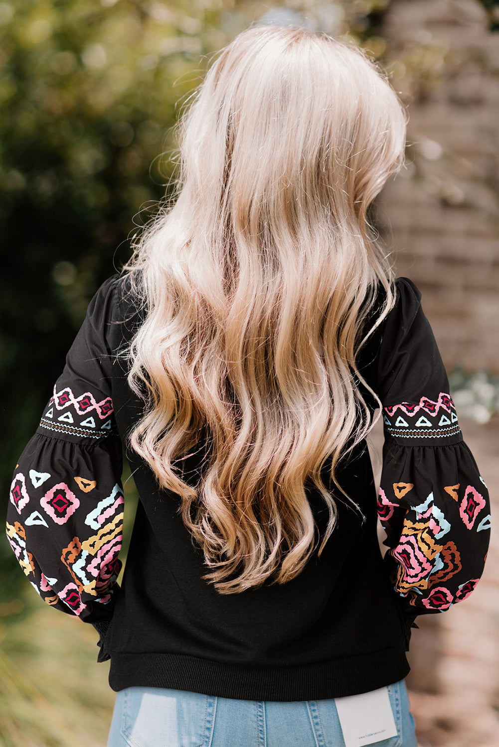 Black Printed Balloon Sleeve Crew Neck Blouse