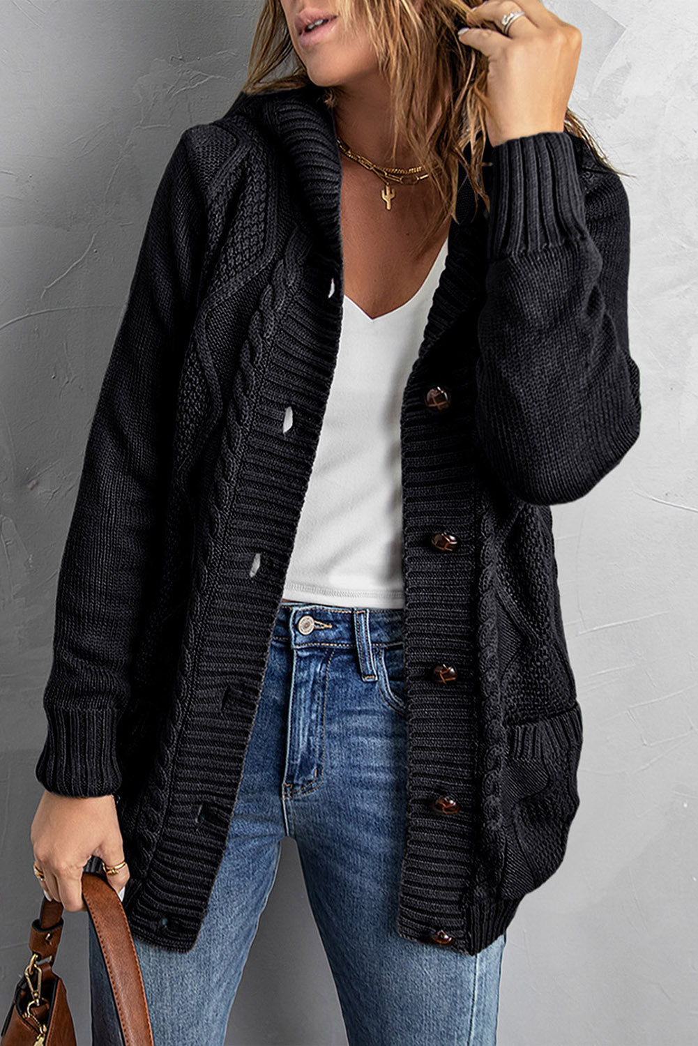 Black Twist Pattern Knit Button Front Hooded Cardigan