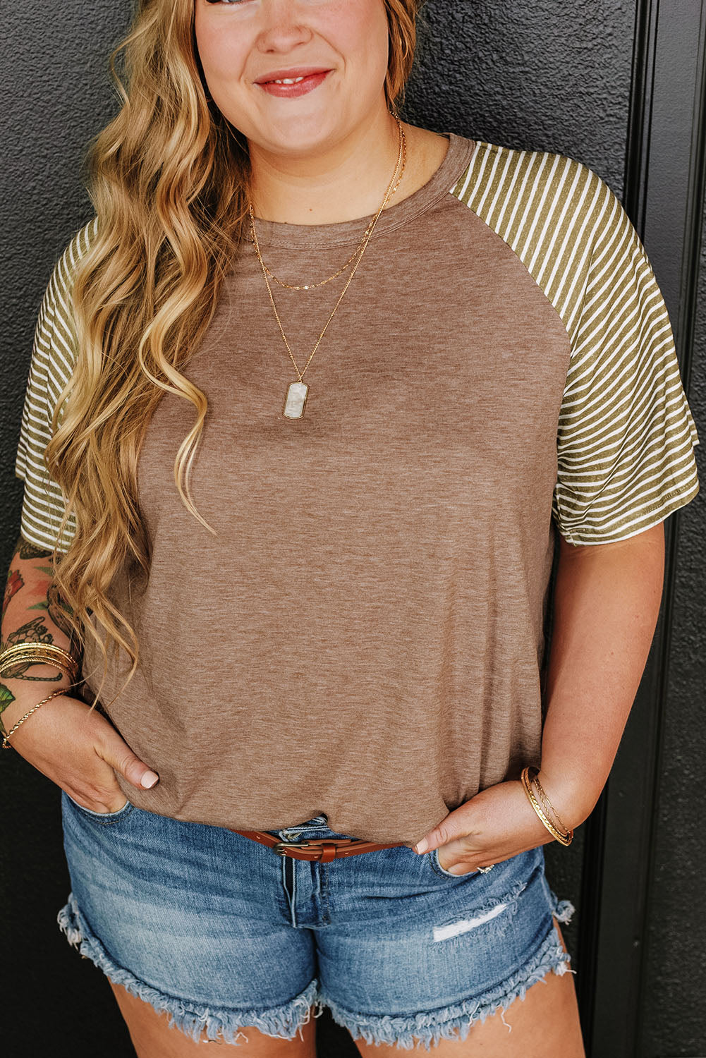 Light French Beige Striped Raglan Sleeve Crewneck Plus Size T Shirt