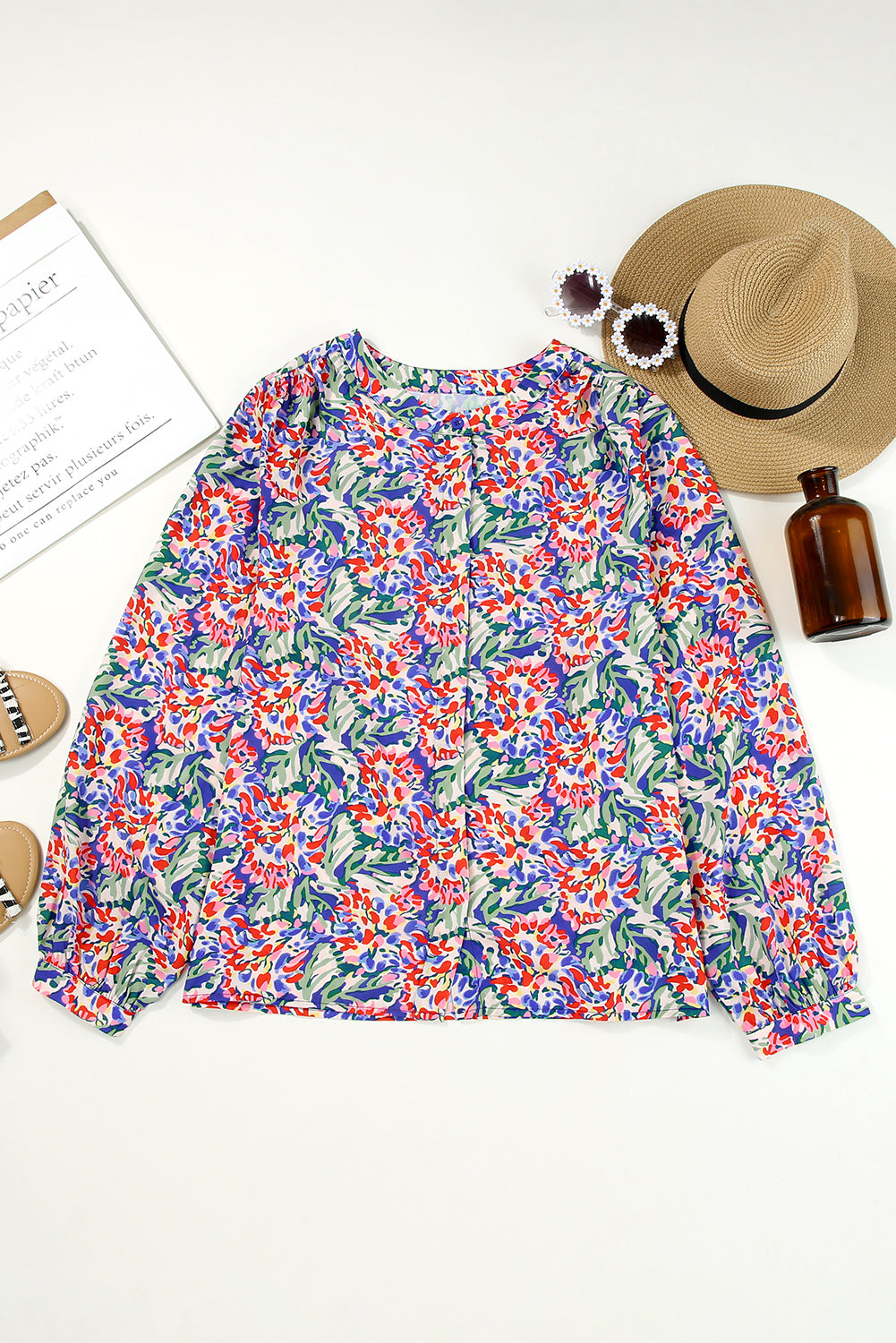 Multicolor Floral Balloon Sleeve Loose Blouse