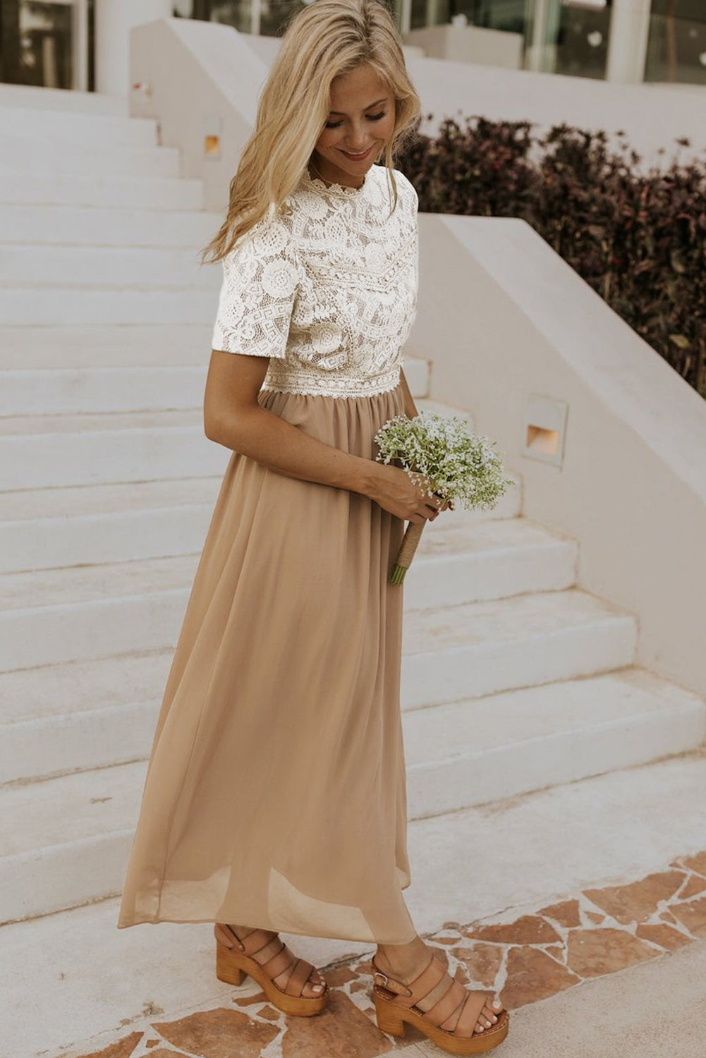 Clay Lace Short Sleeve Bodice Flowy Chiffon Long Dress