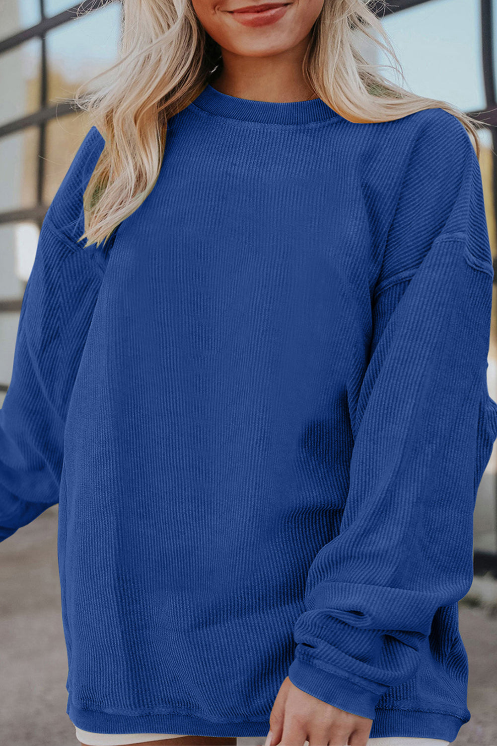 Dark Blue Ribbed Corduroy Oversized Sweatshirt