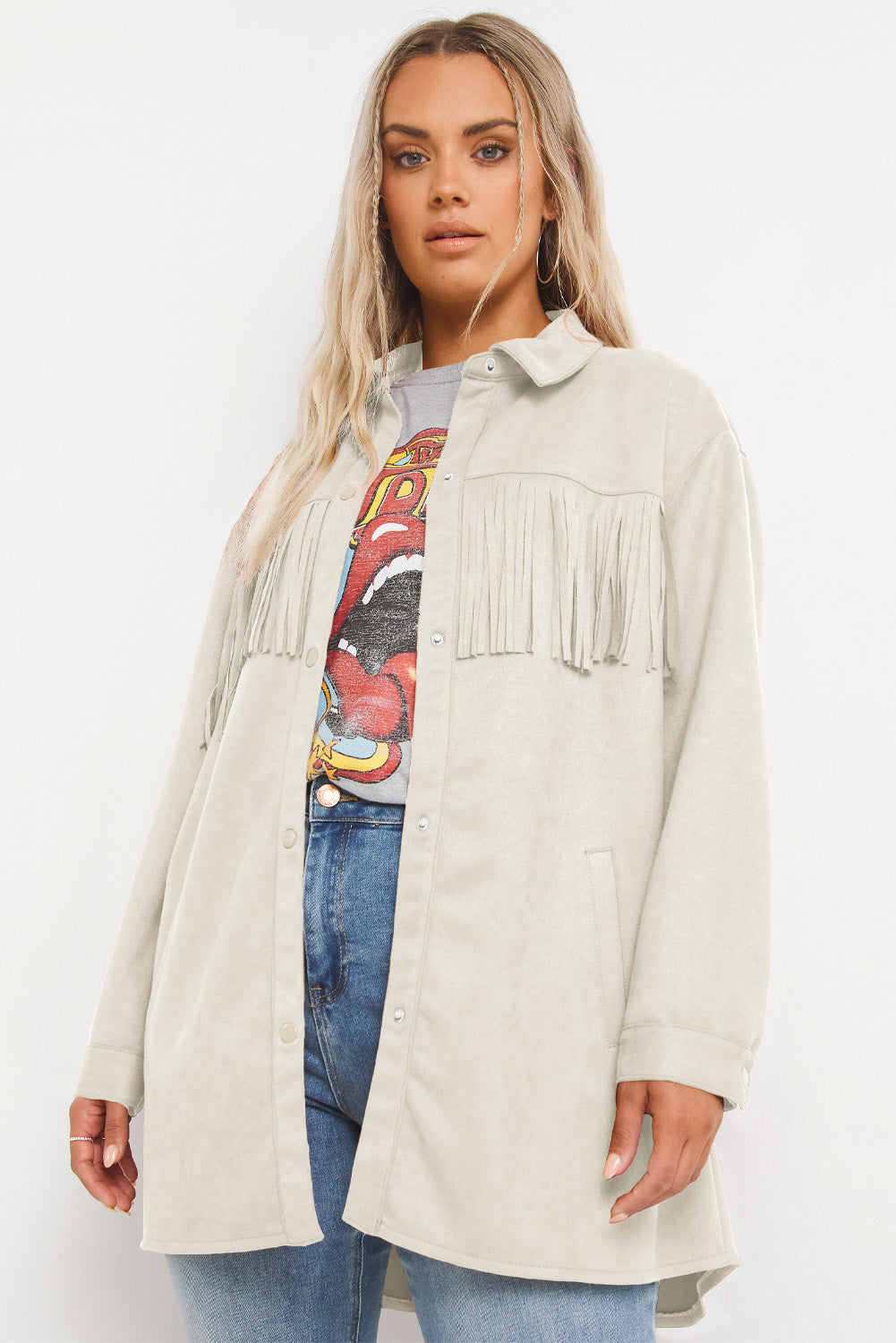 White Fringe Trim Plus Size Suede Shacket