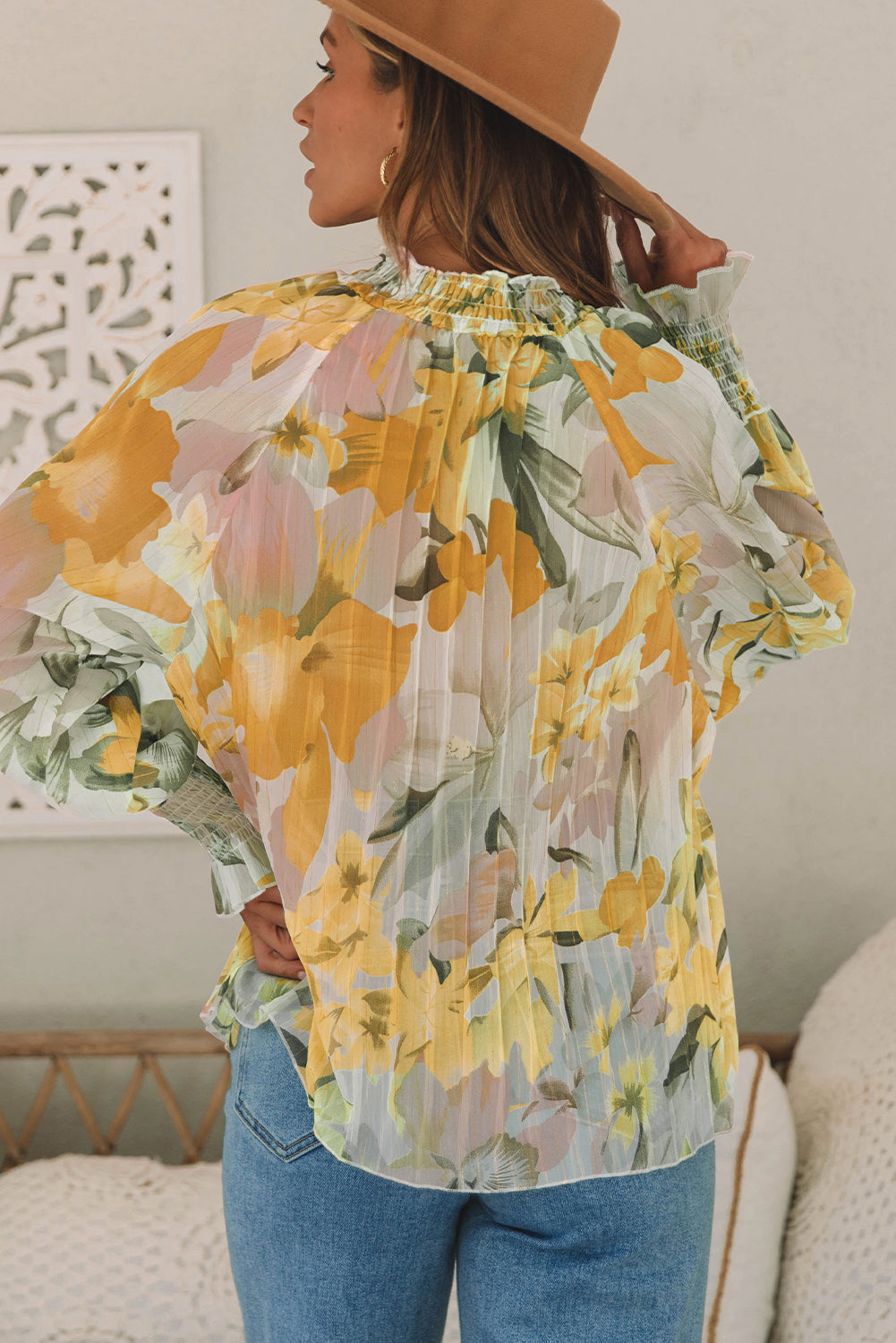 Yellow Floral Print Flounce Sleeve Mock Neck Blouse