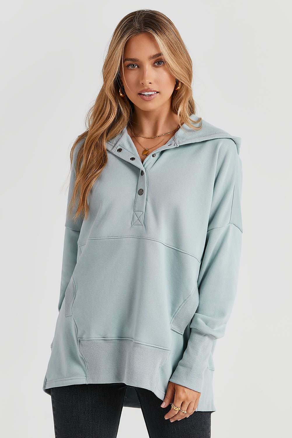 Gray Batwing Sleeve Pocketed Henley Hoodie