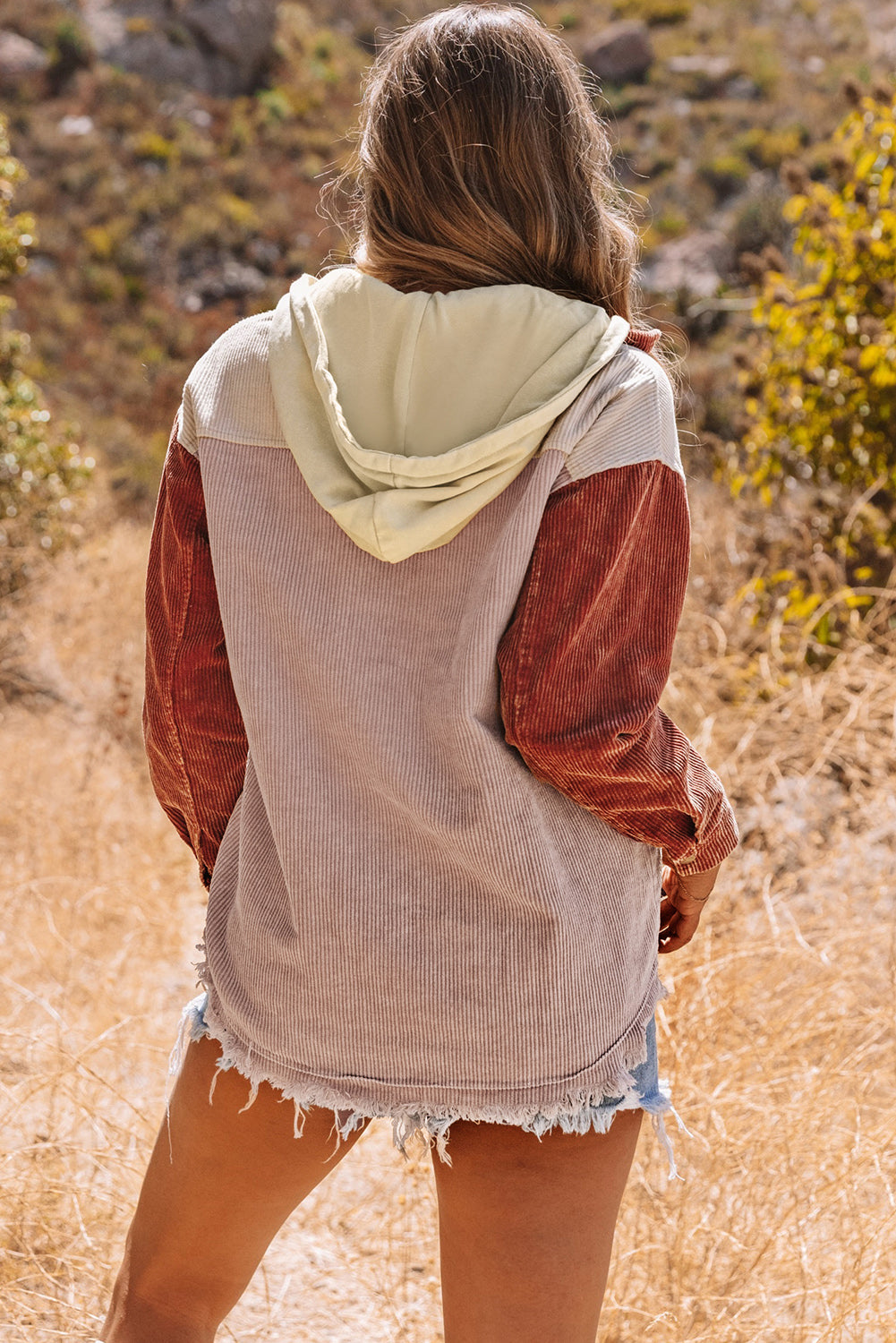 Color Block Button Down Hooded Corduroy Jacket