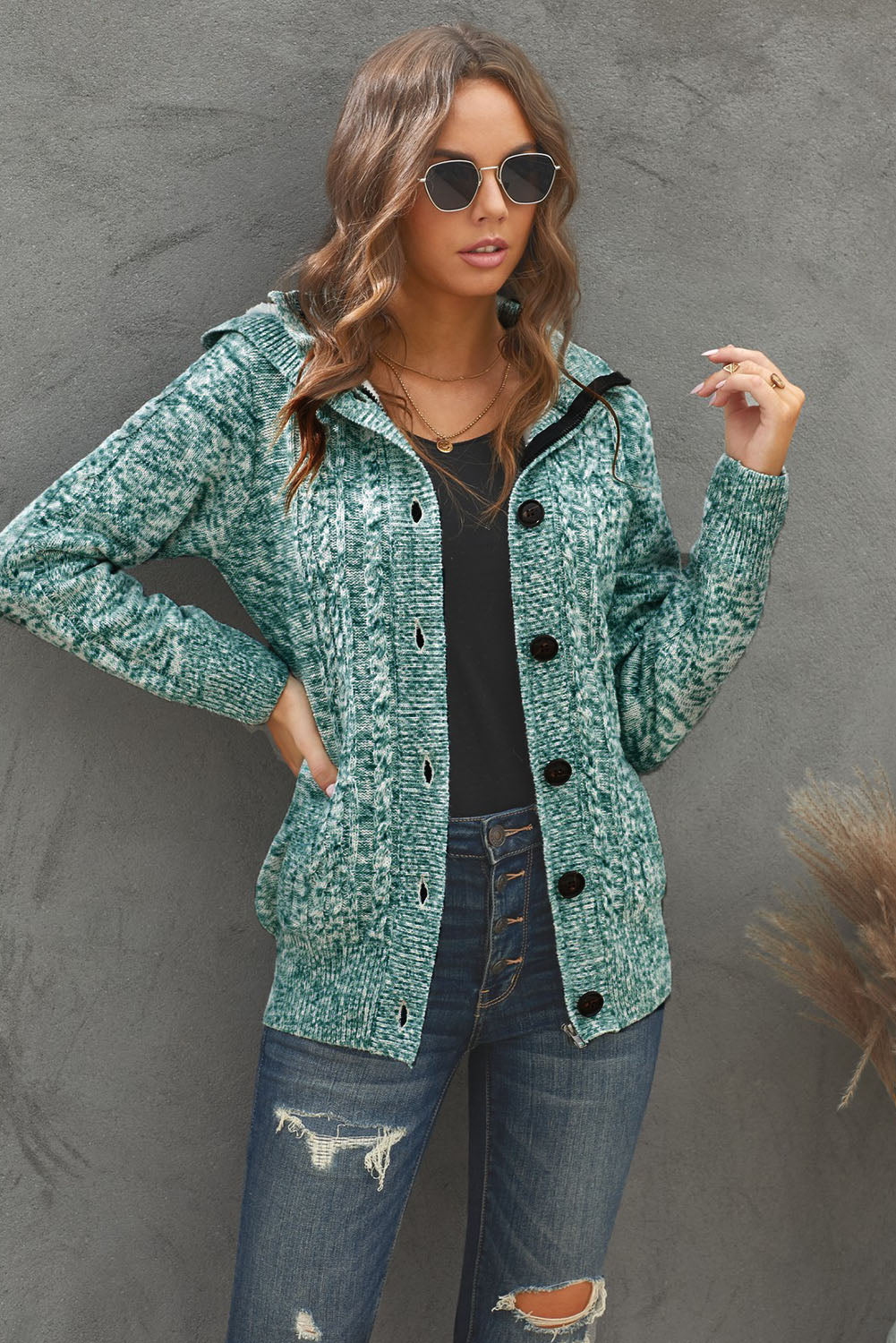 Green Long Sleeve Button-up Hooded Cardigans