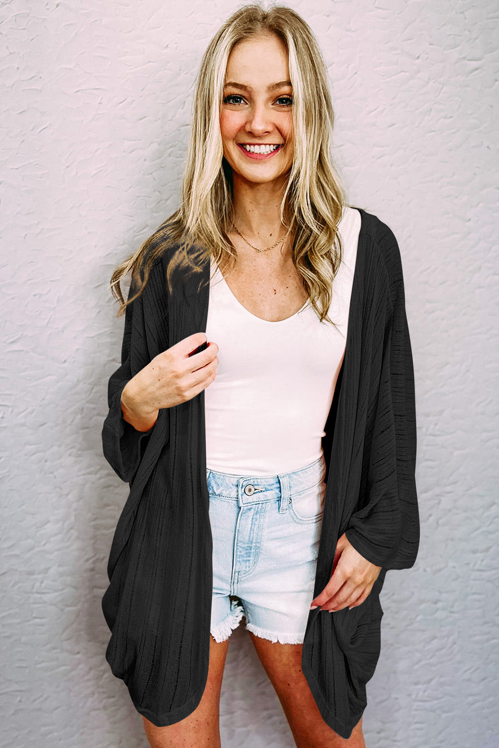 Black Sheer Lightweight Knit Long Sleeve Cardigan