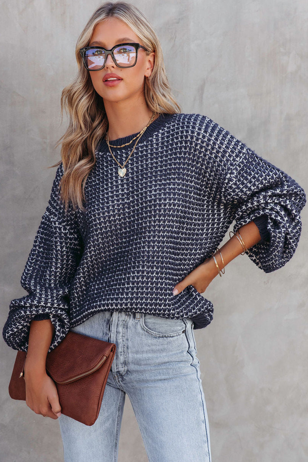 Black Heathered Knit Drop Shoulder Puff Sleeve Sweater