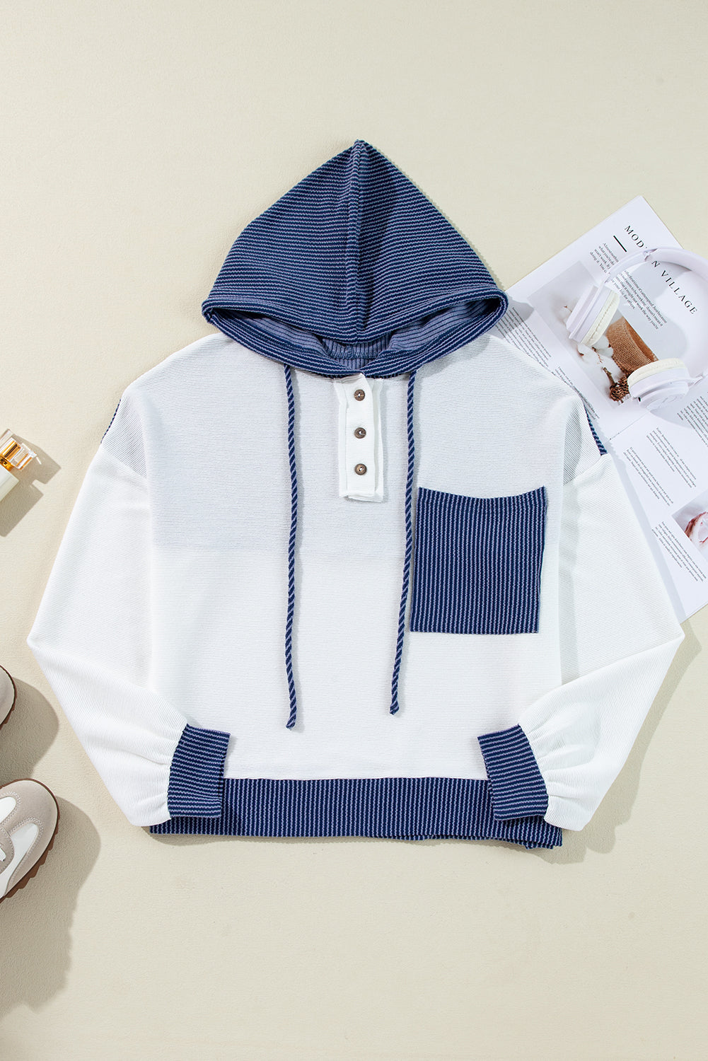 White Corded Colorblock Patch Pocket Drawstring Hooded Top